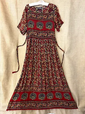 MPH Dress S / M Vintage Rayon Gauze Boho Hippie Beaded Peacock Bodice Sundress • $58.39