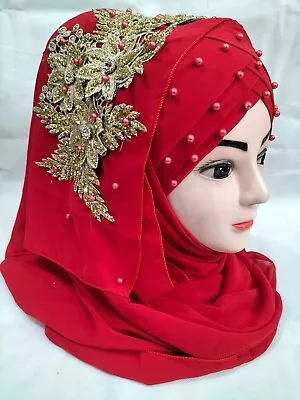 Muslim Womens Fancy Chiffon Instant Ready To Wear  Fancy Hijab Scarf Gold Bunch • £9.99