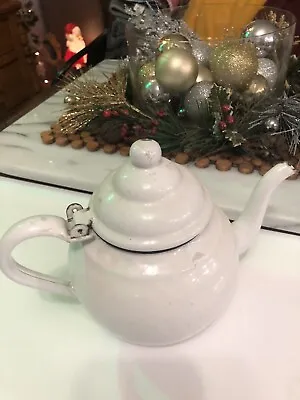 Vintage Lidded White Enamel Enamelware Metal Kettle Teapot Tea Pot • $12