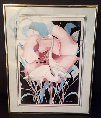 VTG  Geri Geremia  Egrets W/ Pink Flower  Litho Print Framed In Gold Metal Frame • $24.95