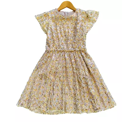 I Love Gorgeous Girl Dress Silver & Gold Sequins Blush Lining Cap Sleeve Sz 8-9 • $38.52