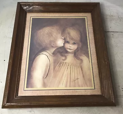 Vintage A Little Kiss Framed Print Margaret Kane Boy Kissing Girl MCM Big Eyes • $24.95