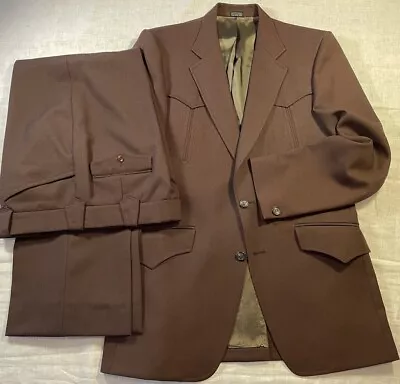 Vintage 70s/80s Men’s 40L Brown Polyester Leisure Suit Western Cowboy • $98.98