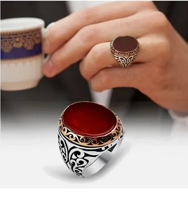 925 Sterling Silver Turkish Handmade Jewelry Red Agate Men's Ring All Size • $55.99