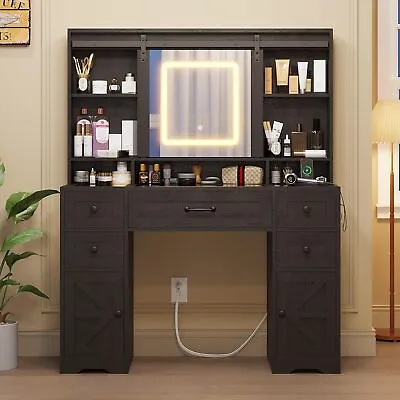 Modern Makeup Vanity Desk With Sliding Mirror Glass Desk Top LED Vanity Desk • $269.89