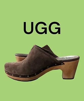 UGG Abbie Designer Espresso Brown Suede Leather Sheep Sherling Clogs Size 9* NEW • $62