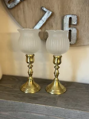 2 Mini Brass Gold Candle Stick Holders 4” Frosted Glass Shade Hollywood Regency • $29
