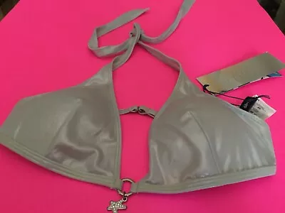 H&m Metallic Silver String Bikini Top  Swim W/ Bling Gem Beach Wear Size 10 • $9.99