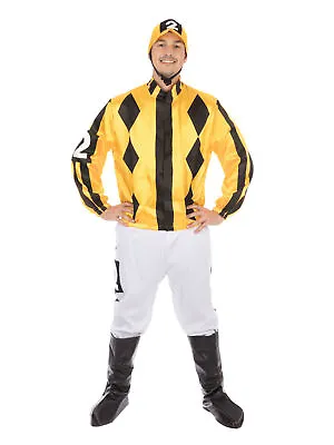 Mens Yellow & Black Jockey Costume Horse Racer Rider Adult Stag Pub Fancy Dress • £24.84