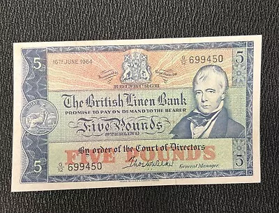 1964 The British Linen Bank Scotland Five Pounds Large Bill- Au Condition • $10