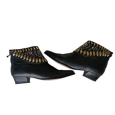 Vintage Gold Studded Black Leather Fantasy Collection Booties • $35