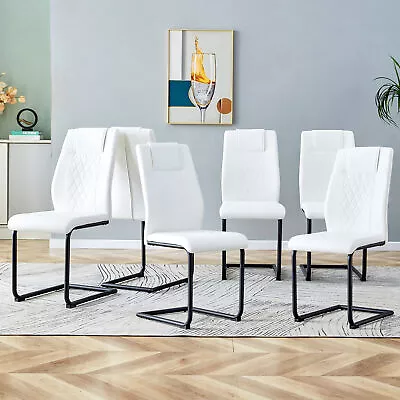 Set Of 6 Modern PU Leather Dining Chairs Kitchen Side Chairs Metal Legs White • $330.99