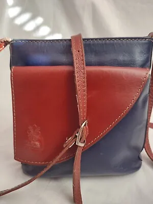 Vera Pelle Genuine Italian Leather Navy Blue And Brown Crossbody Purse Handbag  • $14.99