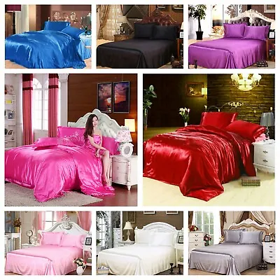 1000TC Silk Satin Sheet Set Flat Sheet Fitted Sheet Set Queen King Size Bedding • $61.99