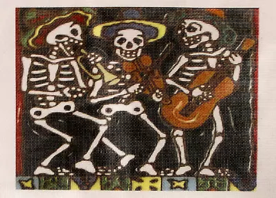 Hand Painted Needlepoint Canvas Skeleton Mexican Mariachi Band 18 Ct 16x13  RARE • $77.50