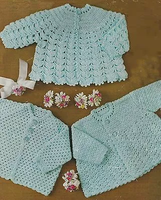 Baby Crochet Pattern Three Matinee Jackets 18-22  4ply 281 • £2.09