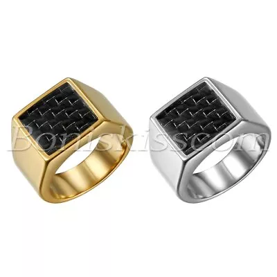 Men's Biker Gold Plated Polished Stainless Steel Carbon Fiber Ring Band #7-13 • $9.99