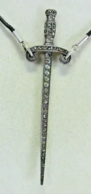 Necklace Sword Marcasite Sterling Silver Leather Cord • $38