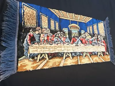 Vintage Italian Velvet Tapestry Rug “The Last Supper” Vibrantly Colored Fringed • $24.95