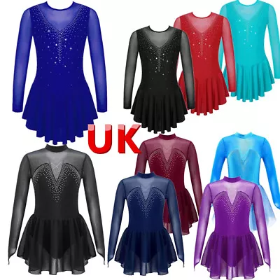 UK Kids Girls Long Sleeve Ice Figure Skating Dress Long Sleeve Rhinestone  Dress • £5.82