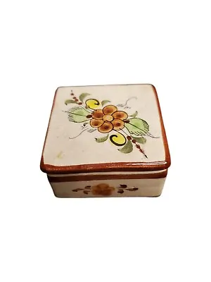 Vintage Mexican Talavera Art Pottery Square Lidded Ring Box Florals Signed Cat • $14