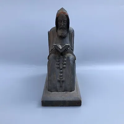 Vintage Wood Carved Friar Monk Reading Rustic Bookend As-Is • $24.99