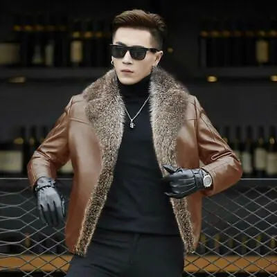 Men's Fox Fur Collar Real Sheepskin Jacket Leather Fleece Lined Outwear Coat  • $247.34