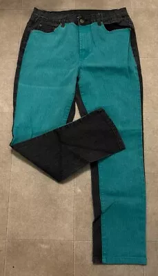 VTG 90’s Multi Color Block Green Black Jeans Jeggings High Waist Funky Y2K 32x28 • $18.88