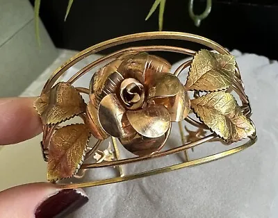 Vintage Huge Krementz Cuff Bracelet Rose Floral Gold Tone MINT • $29.99