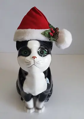 Vintage Ceramic Black & White Tuxedo Cat Enesco Green Eyes 8.5  Figurine Xmas • $19.99