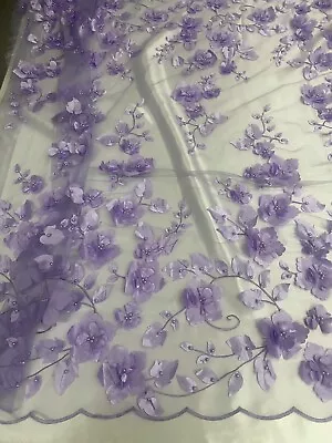 Lavender 3d Floral Embroider Pearls Mesh Lace Scalloped Fabric By Yard 54  Wide • $29