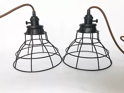 Set Of 2 Vintage Industrial Pendant Light Bulb Cage Wire Metal 8  Hanging  AS IS • $49.99