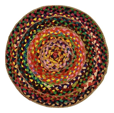 Fair Trade Recycled Cotton & Jute Round Rag Rug - Multicolour Rainbow 50cm (RD6) • £15.49