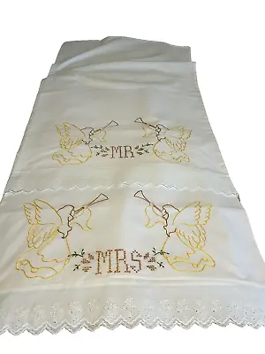 Mr And Mrs Needlepoint Pillowcase (2) Eyelet Edge Hark The Angel • £16.38