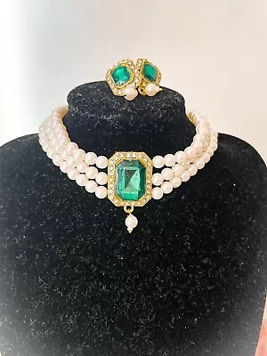 Green Kundan Pearl Gemstone Choker With Earrings Indian Jewellery • $25