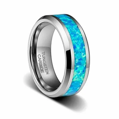 8mm Men's Or Women Tungsten Carbide Hawaiian Opal Blue Inlay Wedding Band Ring • $22.46