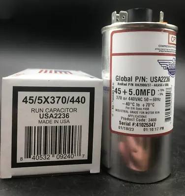 AmRad USA2236 CPT Round Motor Run Capacitor 45+5 MFD 370 Or 440VAC 50-60Hz • $29.99