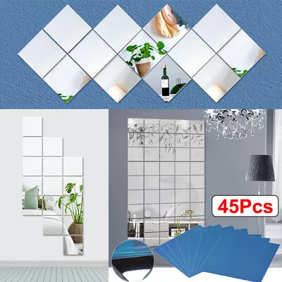 £8.99 • Buy 45X Glass Mirror Tiles Wall Sticker Self Adhesive Square Stick On Art Home Decor