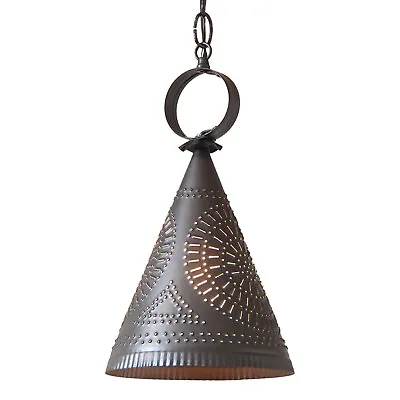  MADISON  PENDANT - Kettle Black Punched Tin Witch's Hat Cone Down Light USA • $103.95