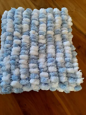 Hand Knitted Baby Pom Pom Blanket In Blue And  White. • £15.99