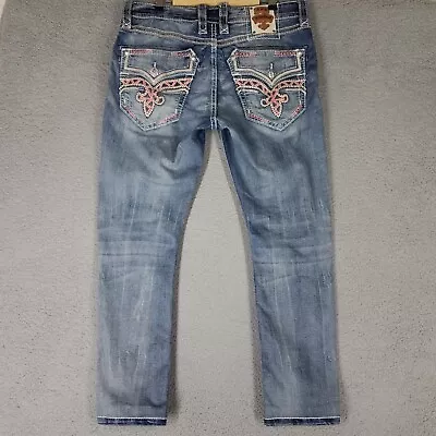 Rock Revival Hamish Jeans Adult 36 X 29 Blue Straight Leg Embellished Rodeo Mens • $74.99