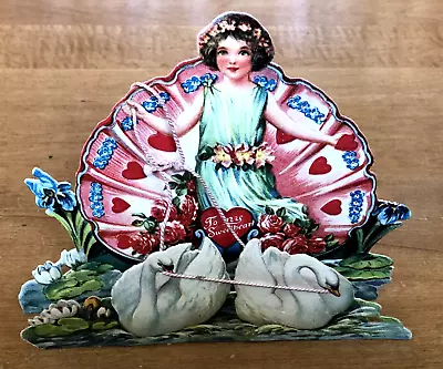Vintage Antique  1900s Ellen Clapsaddle Lg Fold Down Swans Valentine's Day Card • $10