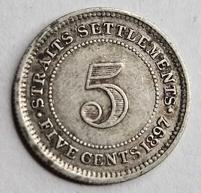 1897 Straits Settlements Malaysia 5 Five Cents Victoria Very Fine VF Silver Coin • $27.99