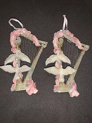 2 Harp Ornaments Christmas Doves Roses Pink Ribbons Victorian Holiday Decor Tree • $14