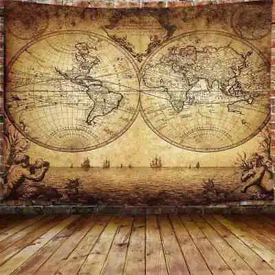 Medieval Nautical Map Wall Art Extra Large Tapestry Wall Hanging Fabric Globe • £10.79