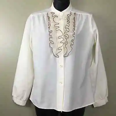 Vintage Hampton Place Womens M Blouse Ruffle Breast Ivory Long Sleeve • $19.75