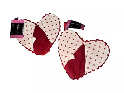 Set Of 2 Valentine Heart Candy Heart Shaped Potholders Polka Dots Red White • $10.87