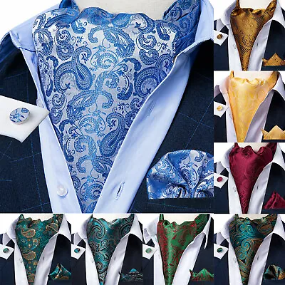 Mens Ascot Silk Cravat Blue Paisley Tie Handkerchief Cufflinks Set Formal Party • £9.59