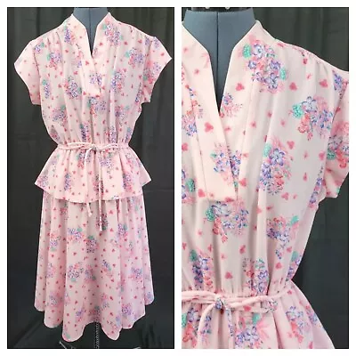 Vintage Pink Floral Dress W Skirted Waist & Tie Belt Size S/M? • $21.99