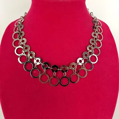 Circle Geometrical Dangle Cutout Necklace 17  Silver Stainless Steel Bib Chain • $19.99